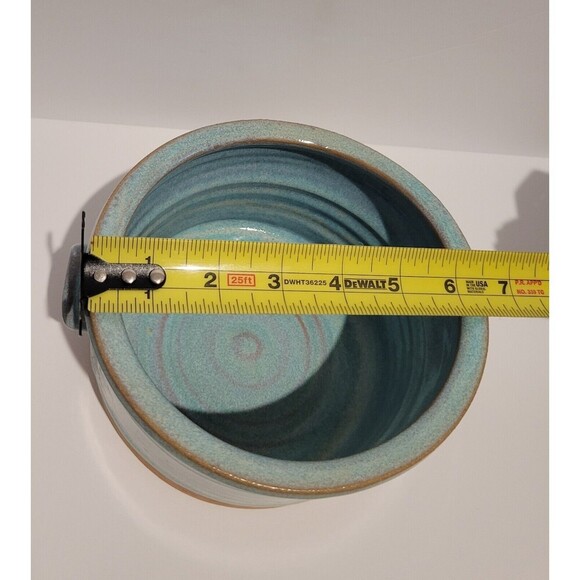 Handmade Studio Art Pottery Bowl with Handles Blue Swirl Glaze Artist Signed - Picture 9 of 9
